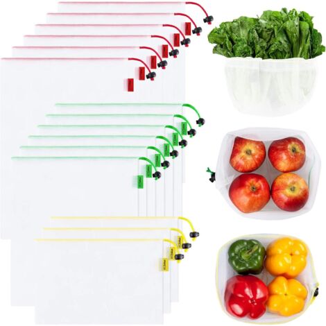 Ecowaare 15 Pack Reusable Mesh Bags - Eco Friendly - Washable and Clear - with Colorful Tare Weight Labels - 3 Sizes