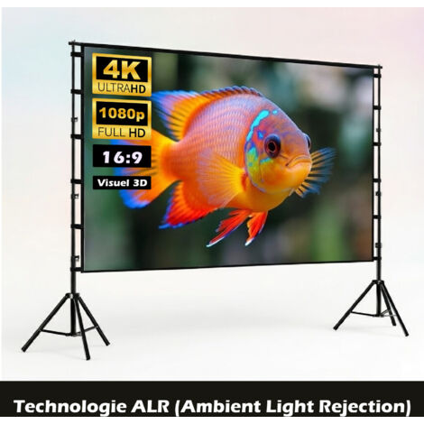Écran 100 pouces 4K HD 16:9 sur trépied réglable, intérieur/extérieur.
