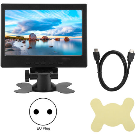 Écran 7 pouces Multi Fonctions 800:1 1024x600 avec Support, Entrées HDMI VGA AV (100-240V, Prise UE)