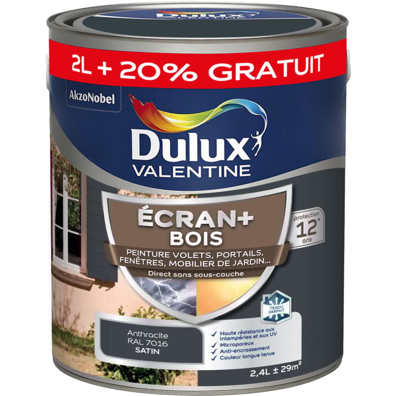 Ecran+ bois - Peinture satinée pour bois extérieur - Volets, portes, fenêtres, portails - Gris Anthracite 2 l + 20% gratuit Dulux Valentine