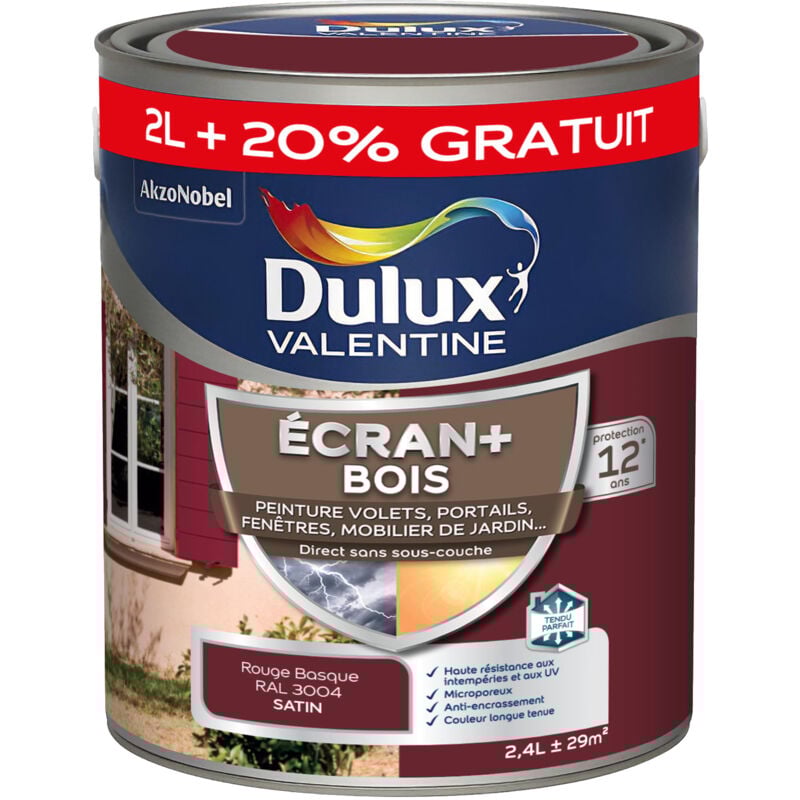 ECRAN+ BOIS - Peinture satinée pour bois extérieur - Volets, portes, fenêtres, portails - Rouge Basque 2 L + 20% gratuit - Dulux Valentine