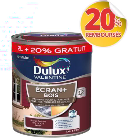 ECRAN+ BOIS - Peinture satinée pour bois extérieur - Volets, portes, fenêtres, portails - Rouge Basque 2 L + 20% gratuit - Dulux Valentine