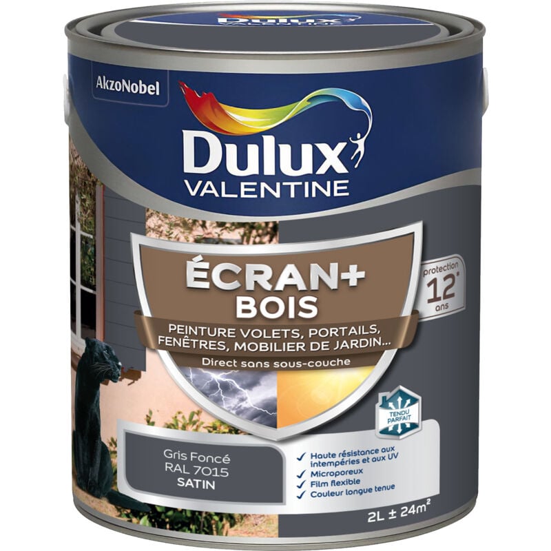 Ecran+ bois - Peinture satinée pour bois extérieur - Volets, portes, fenêtres, portails - Gris Foncé 2 l Dulux Valentine