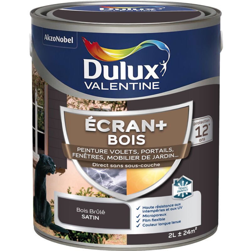Ecran+ bois - Peinture satinée pour bois extérieur - Volets, portes, fenêtres, portails - Bois Brûlé 2 l Dulux Valentine