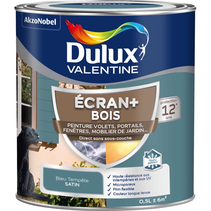 ECRAN+ BOIS - Peinture satinée pour bois extérieur - Volets, portes, fenêtres, portails - Bleu Tempête 0,5 L - Dulux Valentine