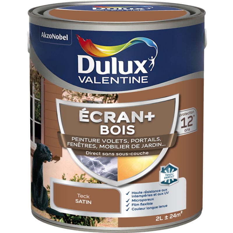 Ecran+ bois - Peinture satinée pour bois extérieur - Volets, portes, fenêtres, portails - Teck 2 l Dulux Valentine