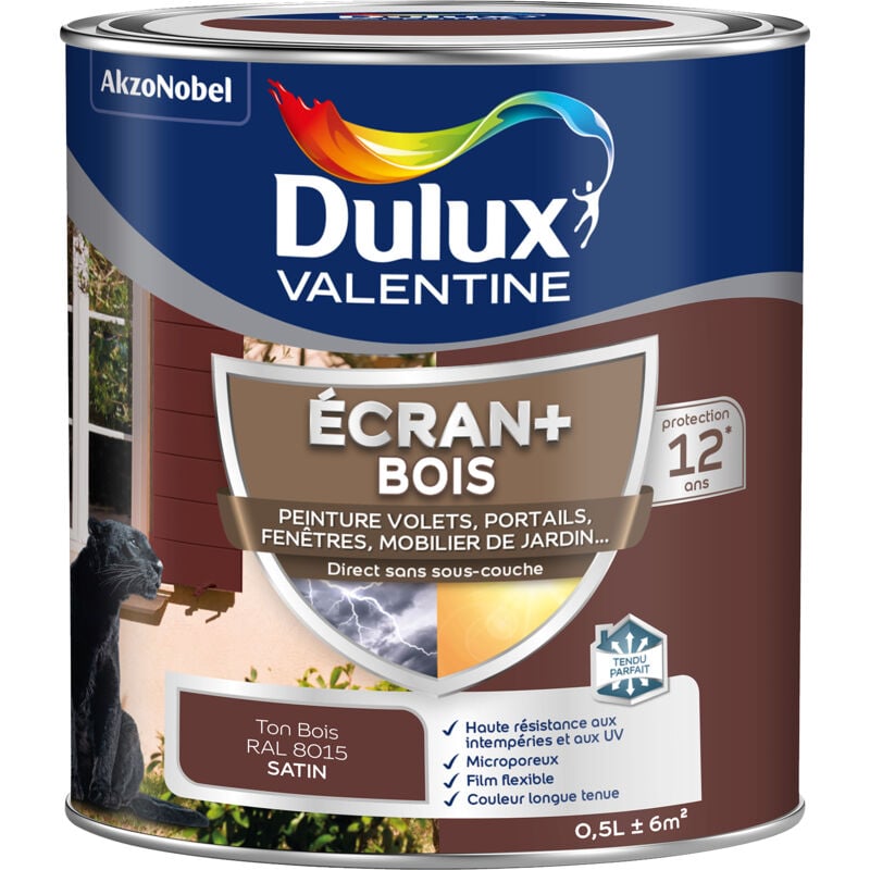 Ecran+ bois - Peinture satinée pour bois extérieur - Volets, portes, fenêtres, portails - Ton Bois 0,5 l Dulux Valentine