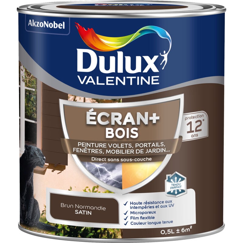 Ecran+ bois - Peinture satinée pour bois extérieur - Volets, portes, fenêtres, portails - Brun Normandie 0,5 l Dulux Valentine