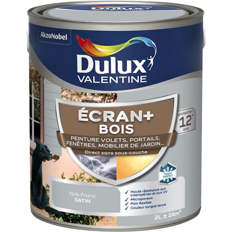 Ecran+ bois - Peinture satinée pour bois extérieur - Volets, portes, fenêtres, portails - Gris Franc 2 l Dulux Valentine