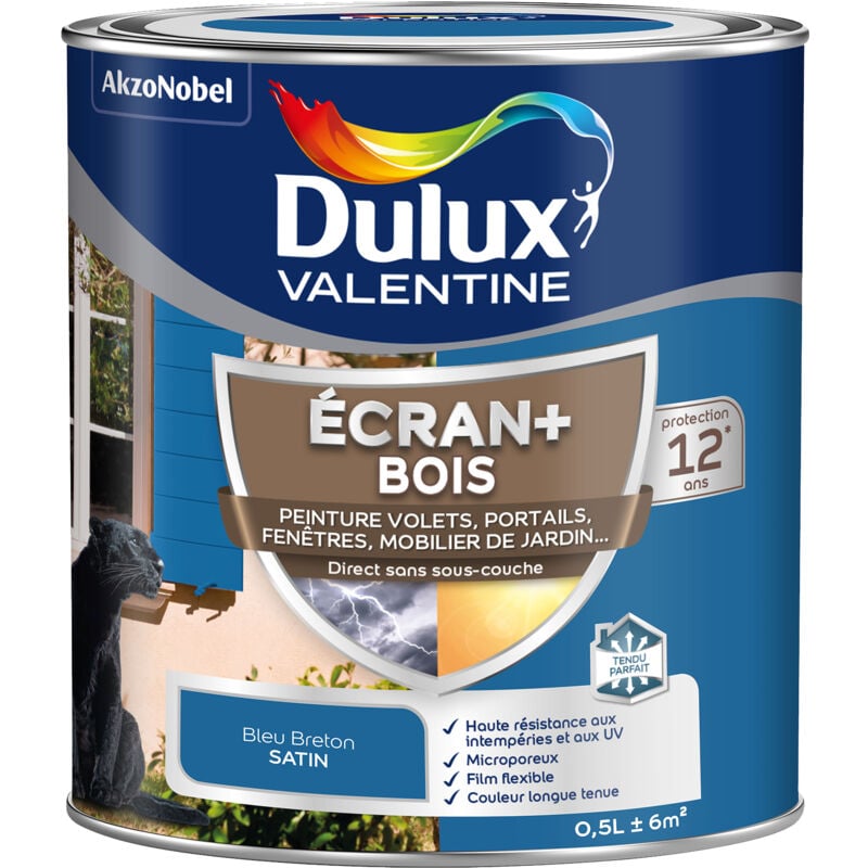 Ecran+ bois - Peinture satinée pour bois extérieur - Volets, portes, fenêtres, portails - Bleu Breton 0,5 l Dulux Valentine