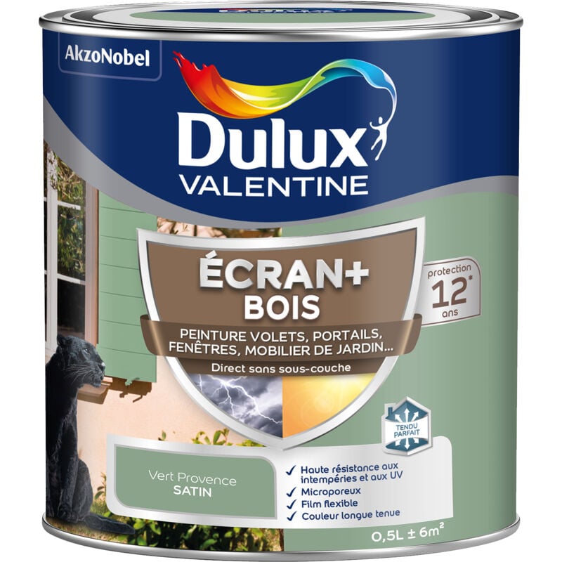 Ecran+ bois - Peinture satinée pour bois extérieur - Volets, portes, fenêtres, portails - Vert Provence 0,5 l Dulux Valentine