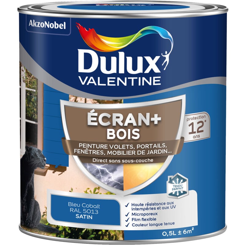 Ecran+ bois - Peinture satinée pour bois extérieur - Volets, portes, fenêtres, portails - Bleu Cobalt 0,5 l Dulux Valentine