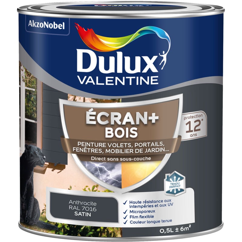 Ecran+ bois - Peinture satinée pour bois extérieur - Volets, portes, fenêtres, portails - Gris Anthracite 0,5 l Dulux Valentine