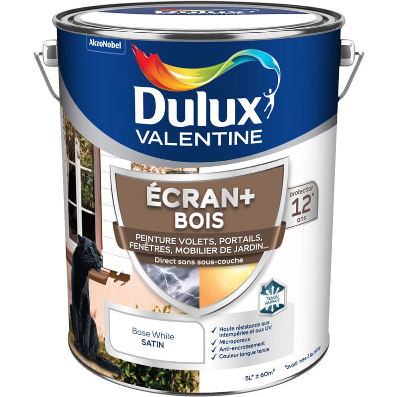 Ecran+ bois - Peinture satinée pour bois extérieur - Volets, portes, fenêtres, portails - Blanc 5 l Dulux Valentine