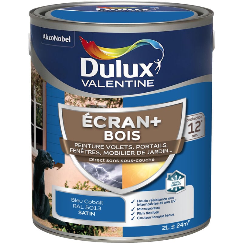 Ecran+ bois - Peinture satinée pour bois extérieur - Volets, portes, fenêtres, portails - Bleu Cobalt 2 l Dulux Valentine