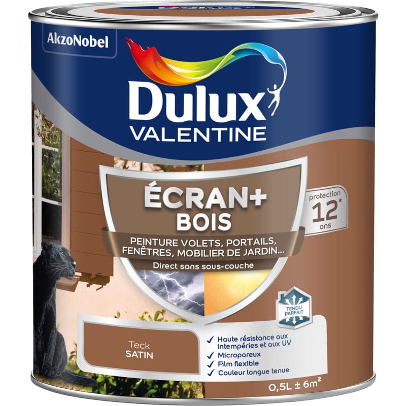 Dulux Valentine - ecran+ bois - Peinture satinée pour bois extérieur - Volets, portes, fenêtres, portails - Teck 0,5 l