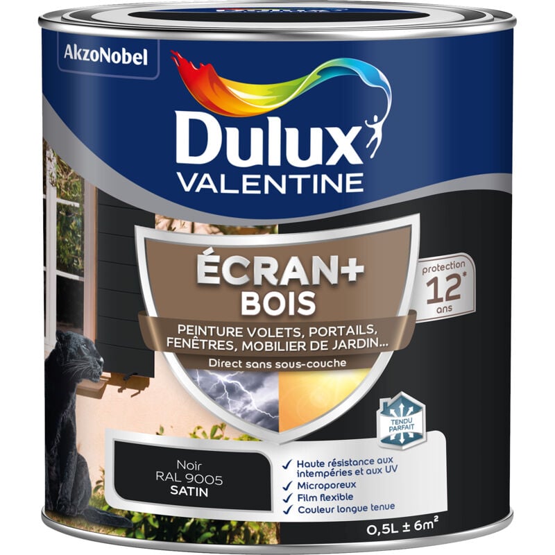 Dulux Valentine - ecran+ bois - Peinture satinée pour bois extérieur - Volets, portes, fenêtres, portails - Noir 0,5 l