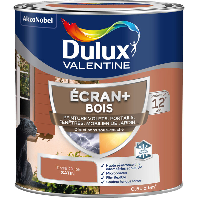 Ecran+ bois - Peinture satinée pour bois extérieur - Volets, portes, fenêtres, portails - Terre Cuite 0,5 l Dulux Valentine