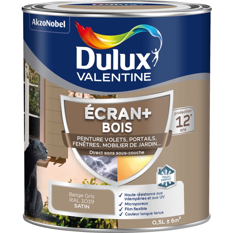 Ecran+ bois - Peinture satinée pour bois extérieur - Volets, portes, fenêtres, portails - Beige Gris 0,5 l Dulux Valentine