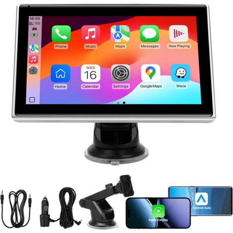 Ecran CarPlay Sans Fil - 7 Pouces HD 1024x600 - Compatible Apple CarPlay Et Android Auto - Montage Sur Pare-Brise Ou Tableau De Bord - Alimentation Par Prise Allume-Cigare - Noir