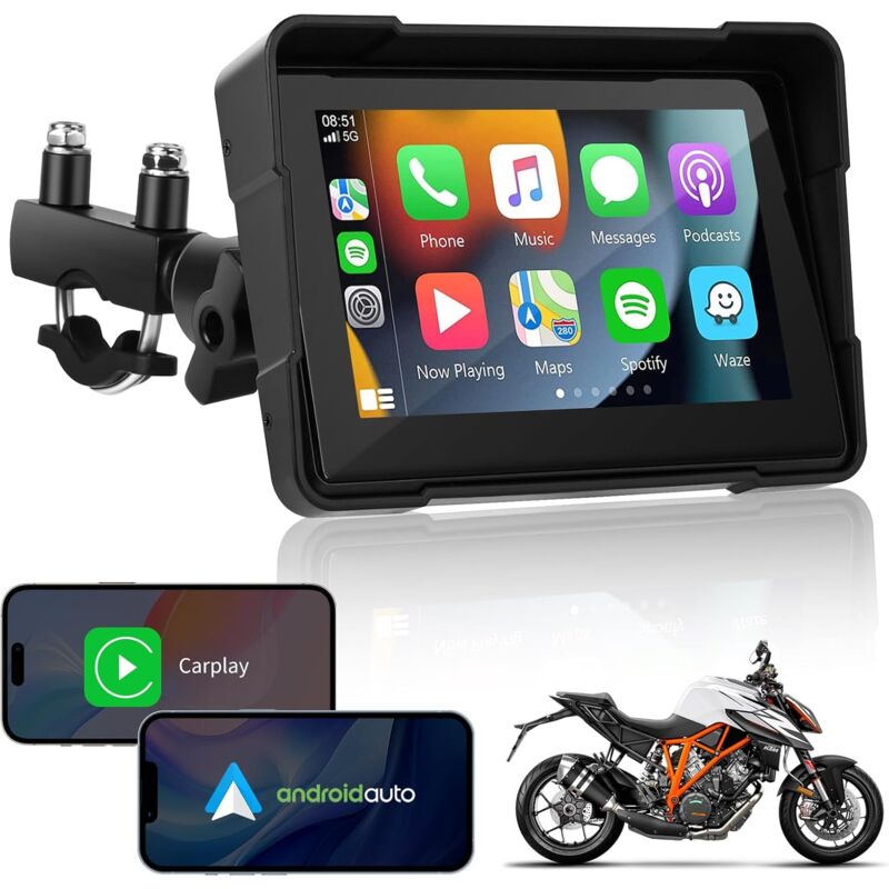 Écran Carplay sans Fil pour Moto, GuKKK Navigation Moto Portable CarPlay et Android Auto pour Moto, Écran Tactile Étanchéité de 5', TF 64G Prend en