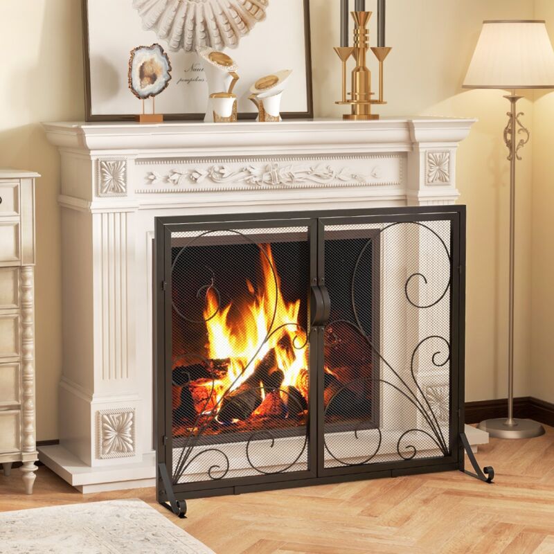 Maisonchic - cran de Cheminée à Double Porte Écran de Protection pour Foyer Ouvert Panneaux Magnétiques Supports Arrière et Avant Pare-étincelles