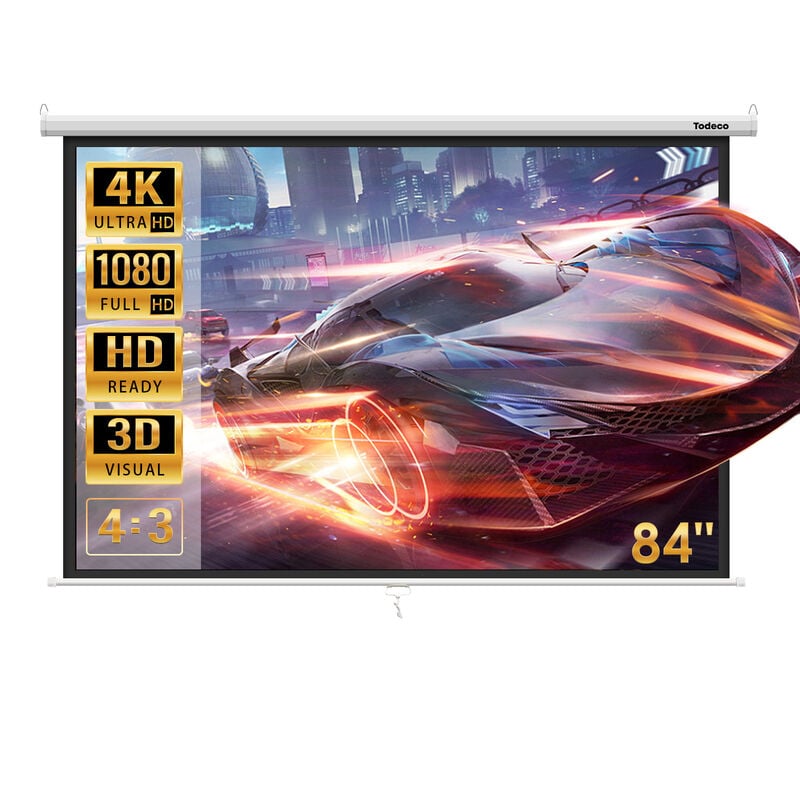 Cran de Projection 84 Pouces, Manuel Enroulable, Fixation Mur ou Plafond, pour Home Cinéma et Entreprise, 128 x 170 cm, Formats 4:3, hd 4K 3D