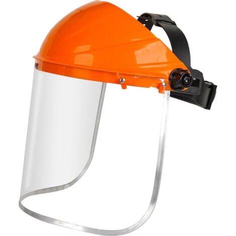 Écran facial de sécurité, visière légère et transparente avec serre-tête,  la coupe, le débroussaillage et les travaux de construction, orange.