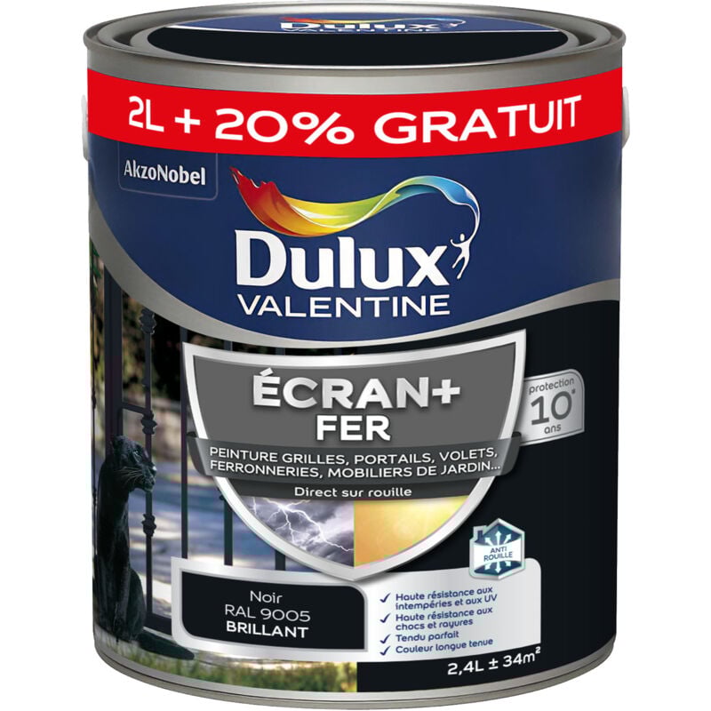 Dulux Valentine - ecran+ fer brillant - Peinture pour fer intérieur/extérieur - Grilles, portails, volets, ferroneries, mobiliers de jardin - Noir 2