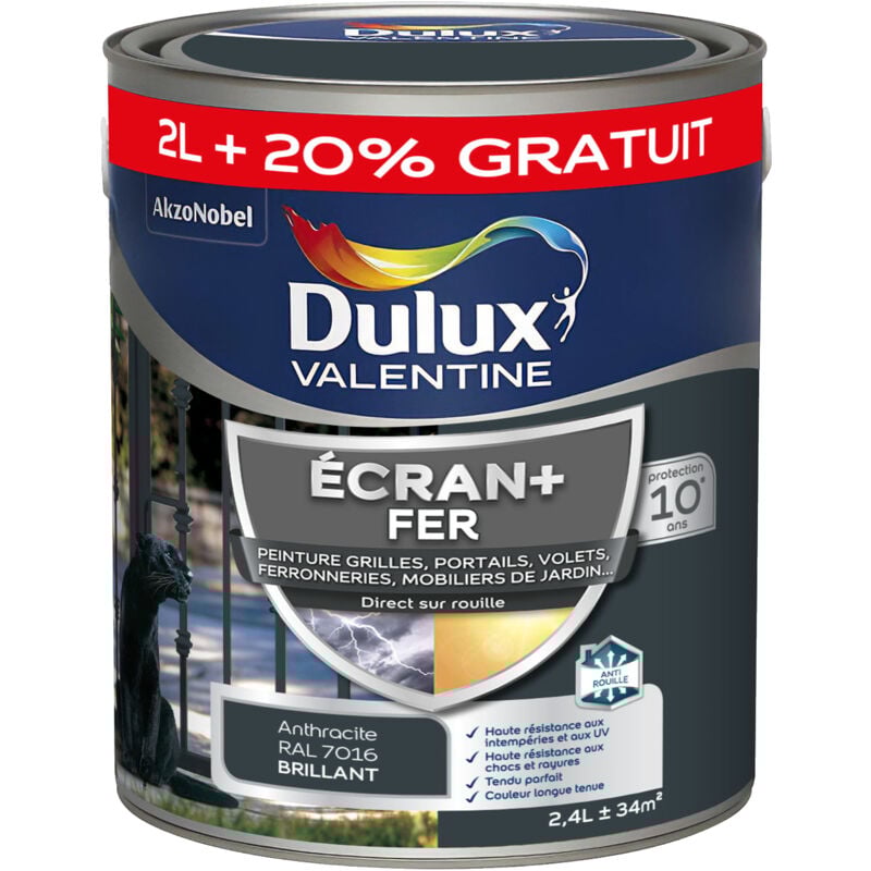 Dulux Valentine - ecran+ fer brillant - Peinture pour fer intérieur/extérieur - Grilles, portails, volets, ferroneries, mobiliers de jardin - Gris