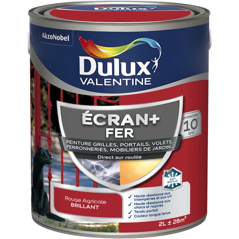 Dulux Valentine - ecran+ fer brillant - Peinture pour fer intérieur/extérieur - Grilles, portails, volets, ferroneries, mobiliers de jardin - Rouge