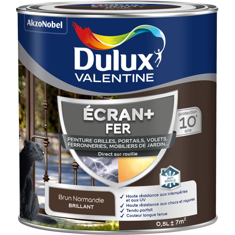 Dulux Valentine - ecran+ fer brillant - Peinture pour fer intérieur/extérieur - Grilles, portails, volets, ferroneries, mobiliers de jardin - Brun