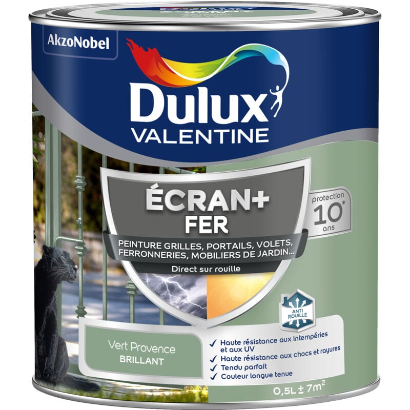 Dulux Valentine - ecran+ fer brillant - Peinture pour fer intérieur/extérieur - Grilles, portails, volets, ferroneries, mobiliers de jardin - Vert