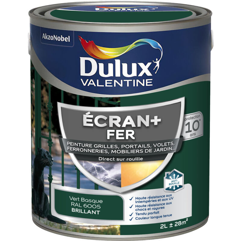 Dulux Valentine - ecran+ fer brillant - Peinture pour fer intérieur/extérieur - Grilles, portails, volets, ferroneries, mobiliers de jardin - Vert