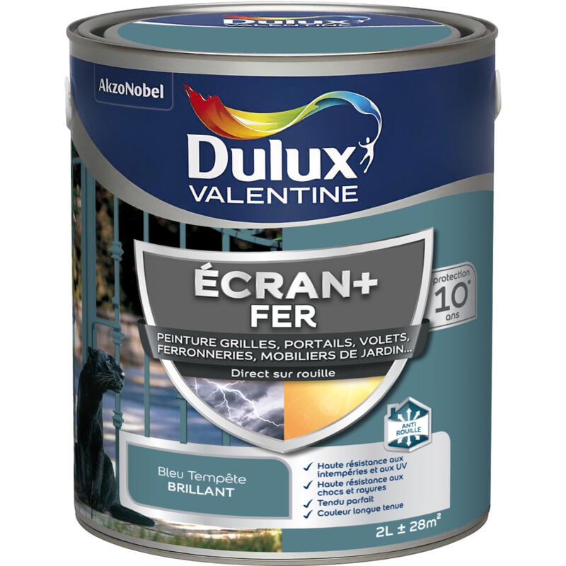 ECRAN+ FER BRILLANT - Peinture pour fer intérieur/extérieur - Grilles, portails, volets, ferroneries, mobiliers de jardin - Bleu Tempête 2 L - Dulux