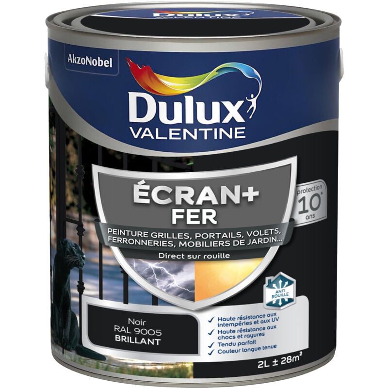 Dulux Valentine - ecran+ fer brillant - Peinture pour fer intérieur/extérieur - Grilles, portails, volets, ferroneries, mobiliers de jardin - Noir 2 l