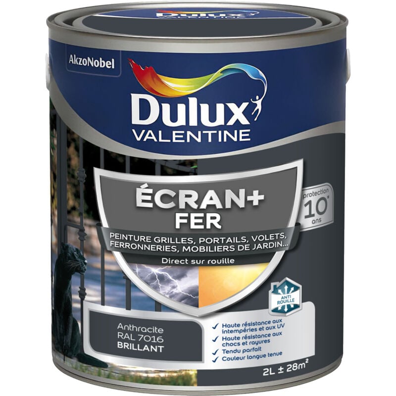 Dulux Valentine - ecran+ fer brillant - Peinture pour fer intérieur/extérieur - Grilles, portails, volets, ferroneries, mobiliers de jardin - Gris