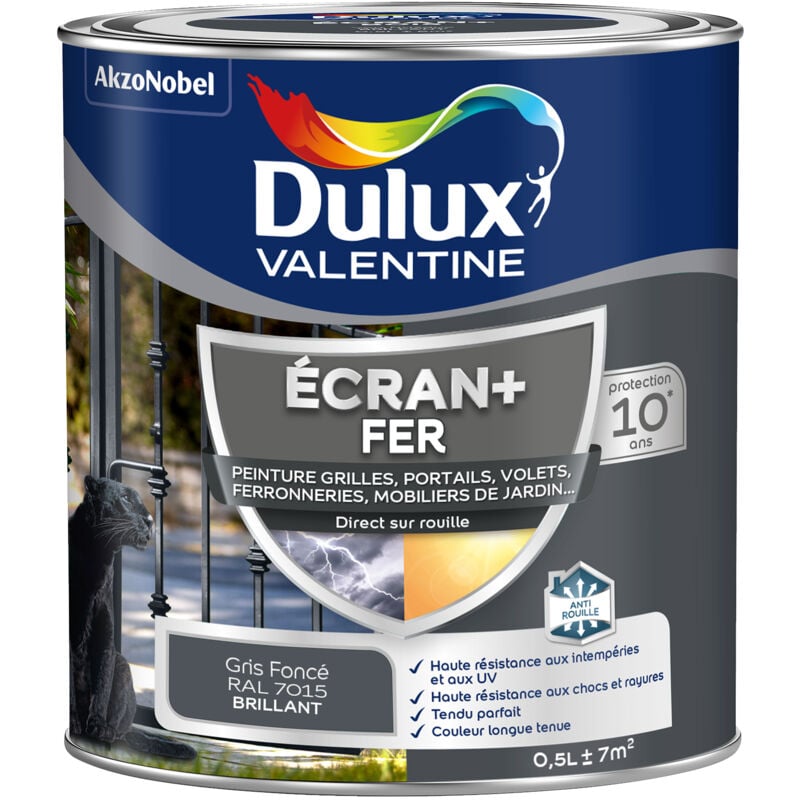 Dulux Valentine - ecran+ fer brillant - Peinture pour fer intérieur/extérieur - Grilles, portails, volets, ferroneries, mobiliers de jardin - Gris
