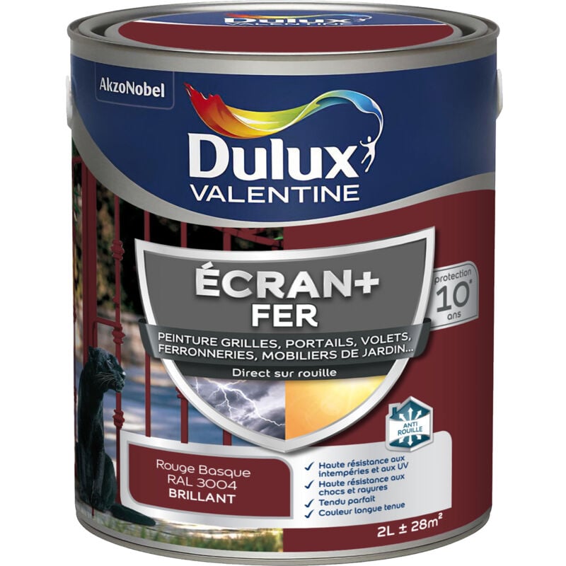 Dulux Valentine - ecran+ fer brillant - Peinture pour fer intérieur/extérieur - Grilles, portails, volets, ferroneries, mobiliers de jardin - Rouge