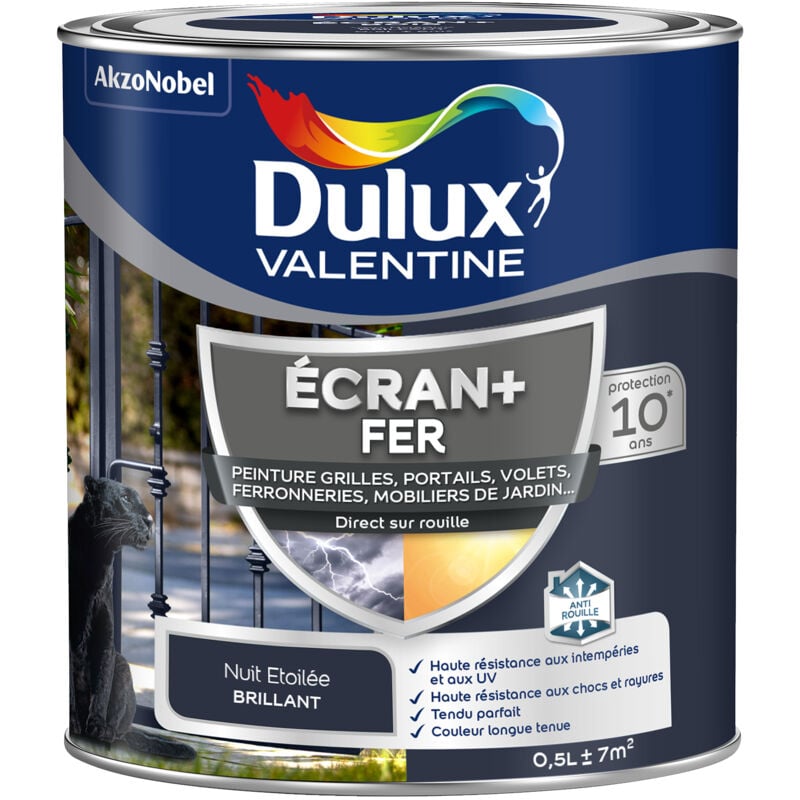 Dulux Valentine - ecran+ fer brillant - Peinture pour fer intérieur/extérieur - Grilles, portails, volets, ferroneries, mobiliers de jardin - Nuit