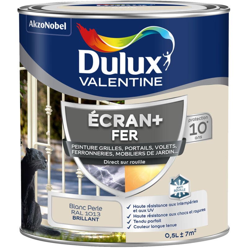 Dulux Valentine - ecran+ fer brillant - Peinture pour fer intérieur/extérieur - Grilles, portails, volets, ferroneries, mobiliers de jardin - Blanc