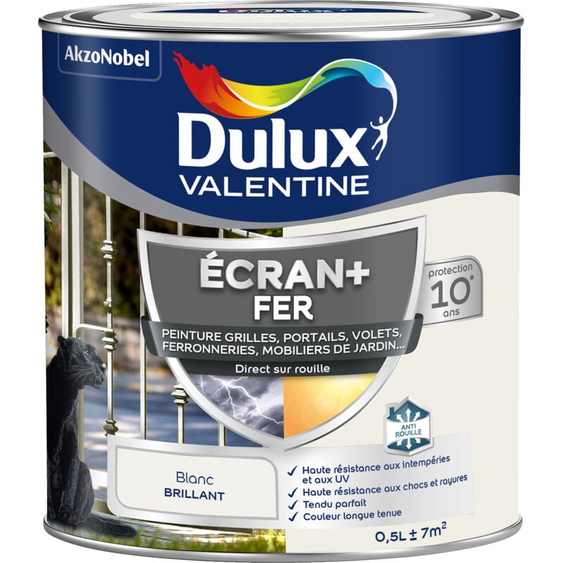 Dulux Valentine - ecran+ fer brillant - Peinture pour fer intérieur/extérieur - Grilles, portails, volets, ferroneries, mobiliers de jardin - Blanc