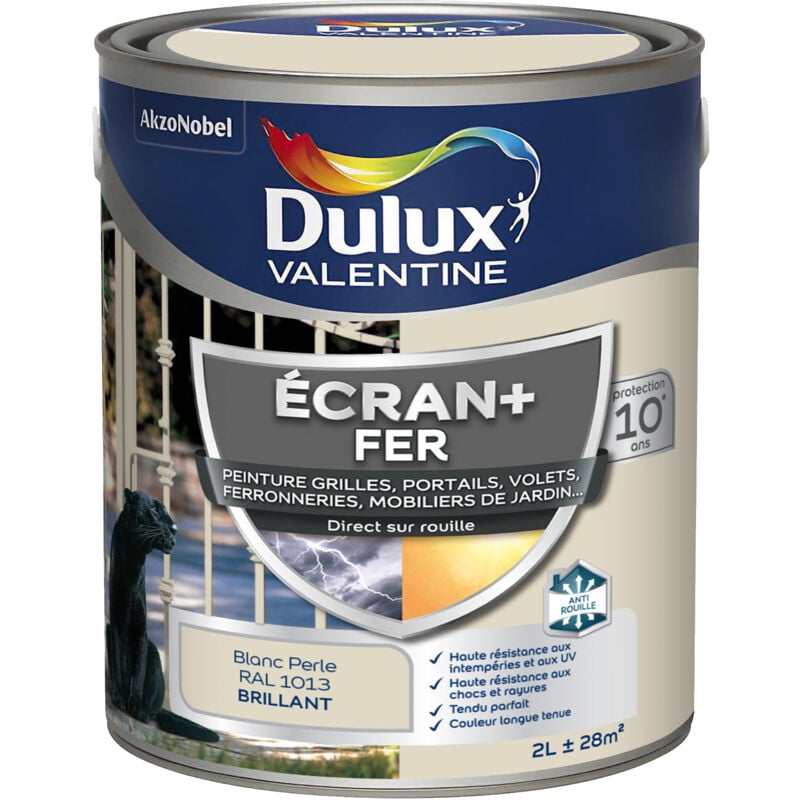 ECRAN+ FER BRILLANT - Peinture pour fer intérieur/extérieur - Grilles, portails, volets, ferroneries, mobiliers de jardin - Blanc Perlé 2 L - Dulux