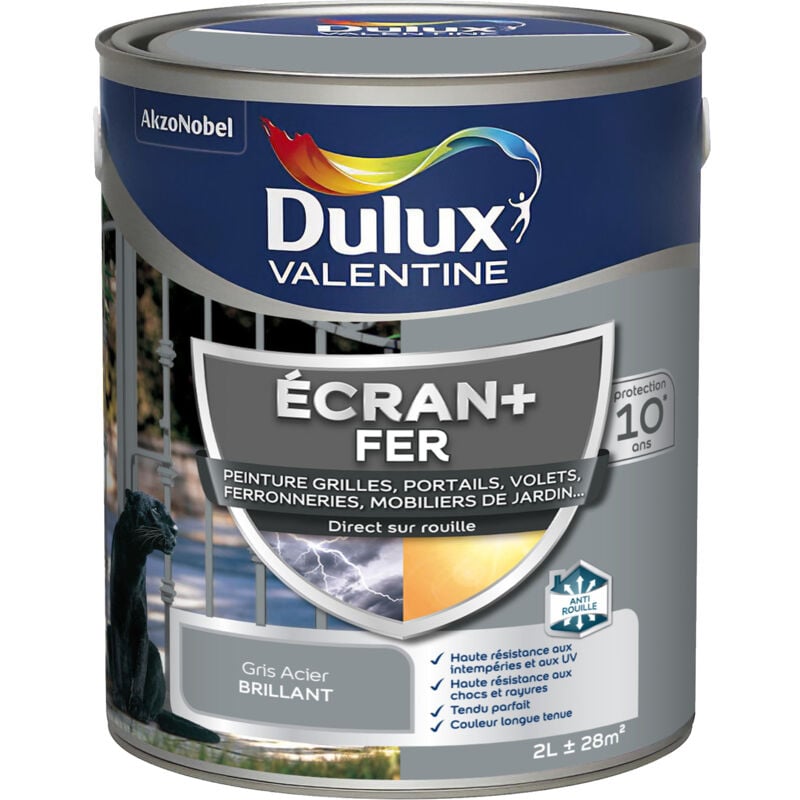 Dulux Valentine - ecran+ fer brillant - Peinture pour fer intérieur/extérieur - Grilles, portails, volets, ferroneries, mobiliers de jardin - Gris