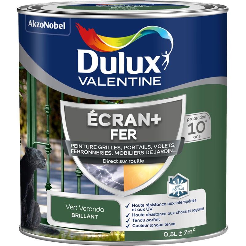 Dulux Valentine - ecran+ fer brillant - Peinture pour fer intérieur/extérieur - Grilles, portails, volets, ferroneries, mobiliers de jardin - Vert