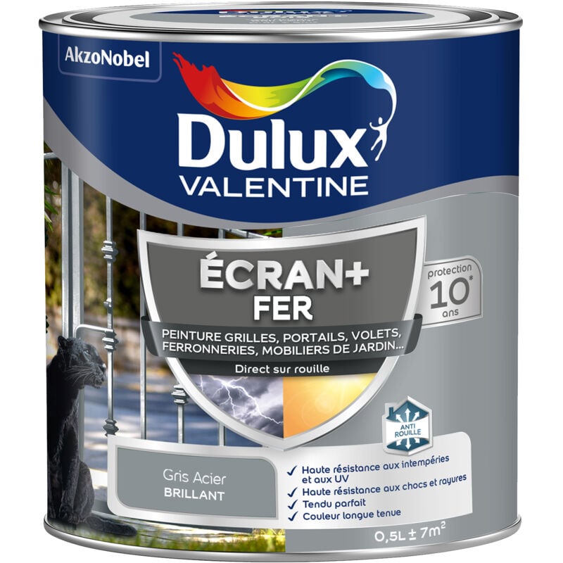 Dulux Valentine - ecran+ fer brillant - Peinture pour fer intérieur/extérieur - Grilles, portails, volets, ferroneries, mobiliers de jardin - Gris