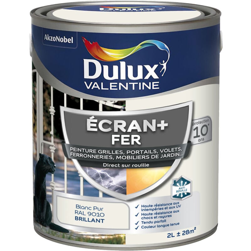 Dulux Valentine - ecran+ fer brillant - Peinture pour fer intérieur/extérieur - Grilles, portails, volets, ferroneries, mobiliers de jardin - Blanc