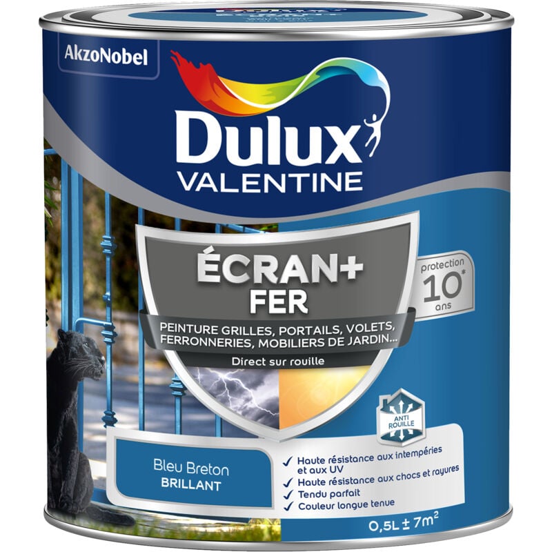 Dulux Valentine - ecran+ fer brillant - Peinture pour fer intérieur/extérieur - Grilles, portails, volets, ferroneries, mobiliers de jardin - Bleu