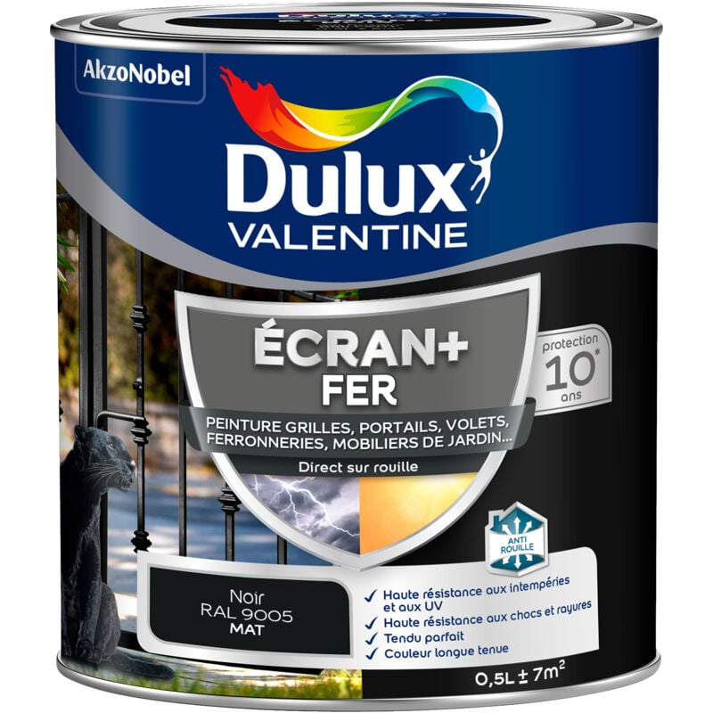 Dulux Valentine - ecran+ fer mat - Peinture pour fer intérieur/extérieur - Grilles, portails, volets, ferroneries, mobiliers de jardin - Noir Mat 0,5