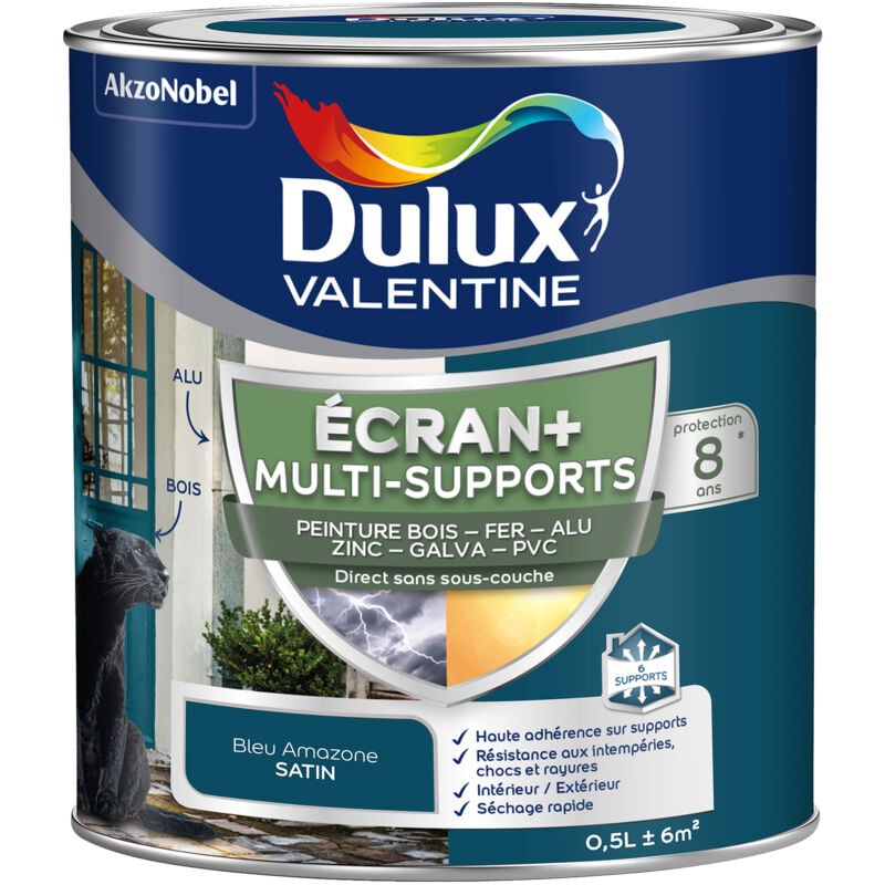 Dulux Valentine - ecran+ multi-supports exterieure - Peinture en Phase Aqueuse Éxtérieur - Satin Bleu Amazone 0,5 l